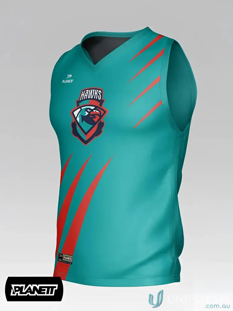 Teal sleeveless athletic jersey with red diagonal stripes and hawk logo perfect for work uniforms and sportswear