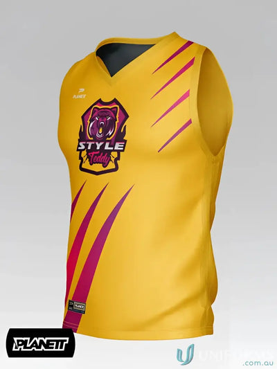 Yellow sleeveless custom afl guernsey with purple pink tiger logo and diagonal stripes perfect for work uniforms