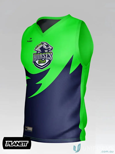 Vibrant neon green and navy blue sleeveless afl103 custom guernsey with bold horse logo perfect for uniforms and workwear