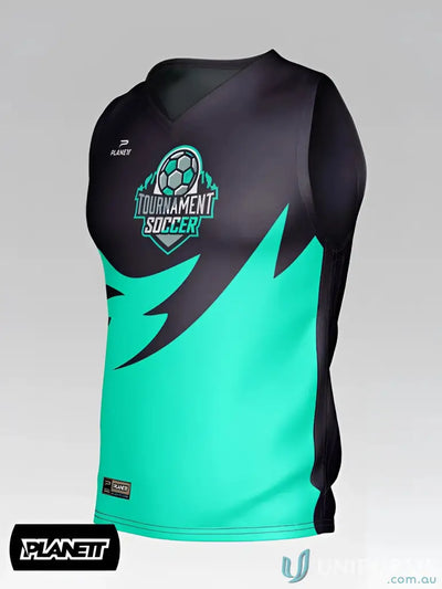 A vibrant teal and black sleeveless custom afl guernsey with lightning bolt design for work uniforms and sports uniforms