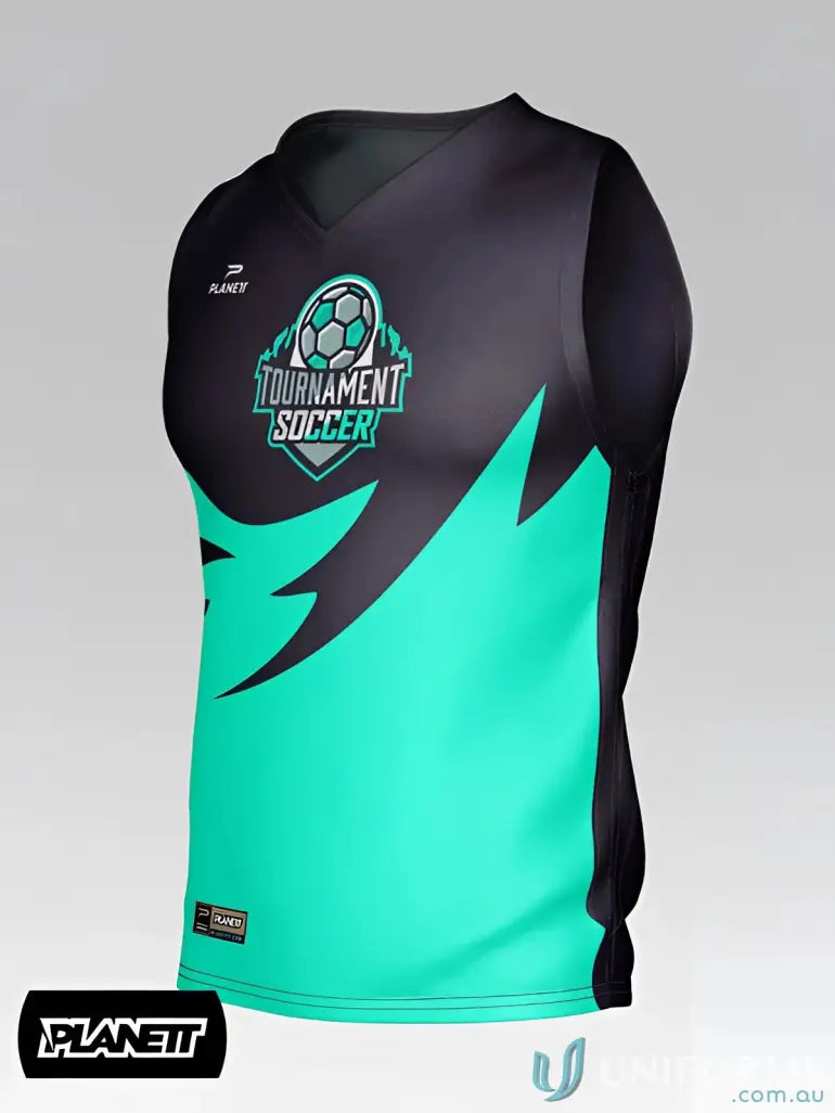 A vibrant teal and black sleeveless custom afl guernsey with lightning bolt design for work uniforms and sports uniforms