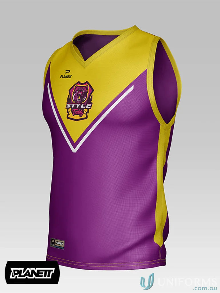 Purple and yellow sleeveless afl104 custom afl guernsey with v-neck team logo and white trim perfect for work uniforms
