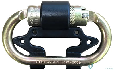 Metal safety karabiner connector with black plastic parts for uniforms and workwear