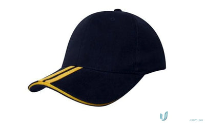 Dark blue two striped peak cap with yellow stripes and trim on the brim