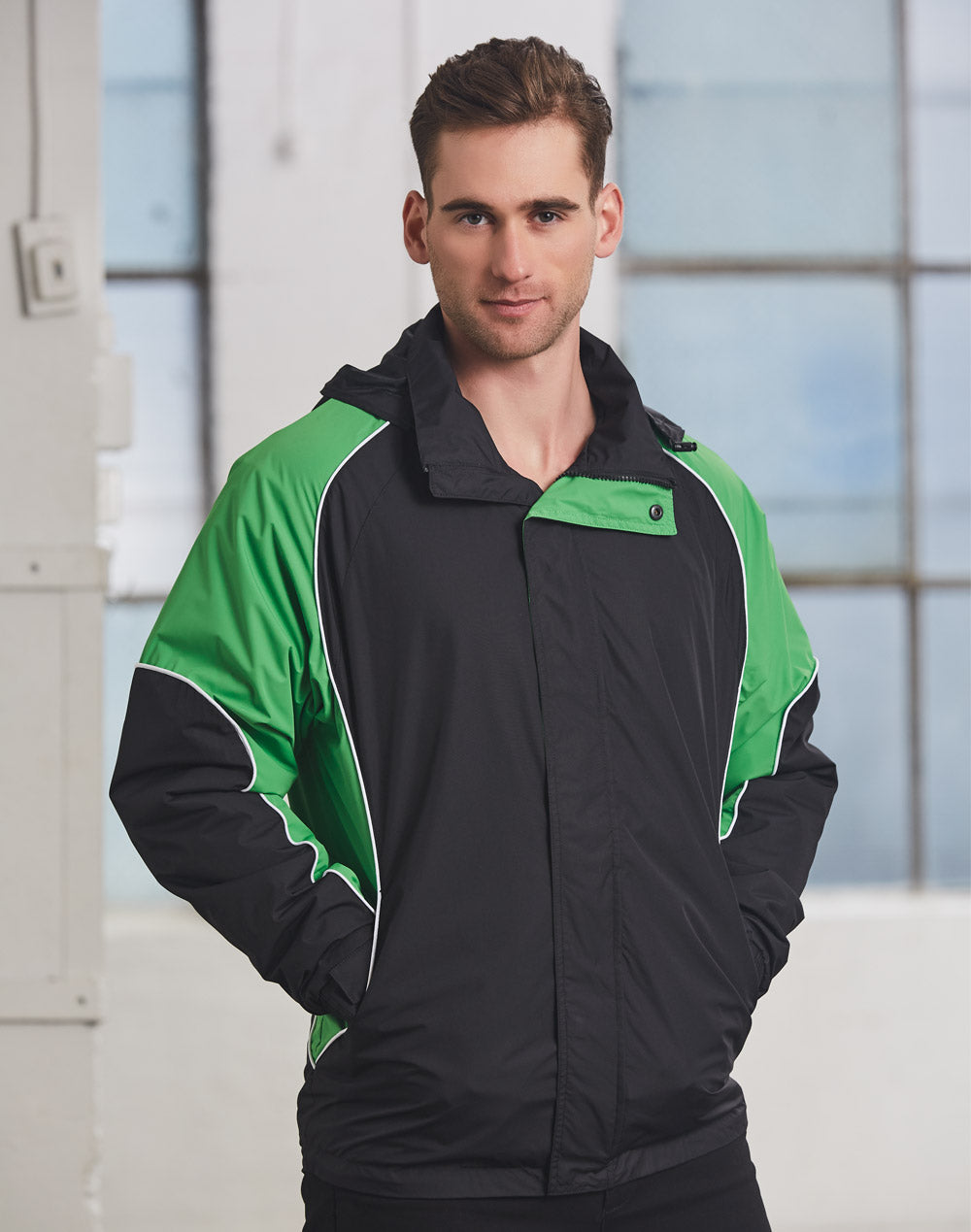 Jk77 arena Winning Spirit Unisex jacket with black green panels white piping elasticated adjustable cuffs