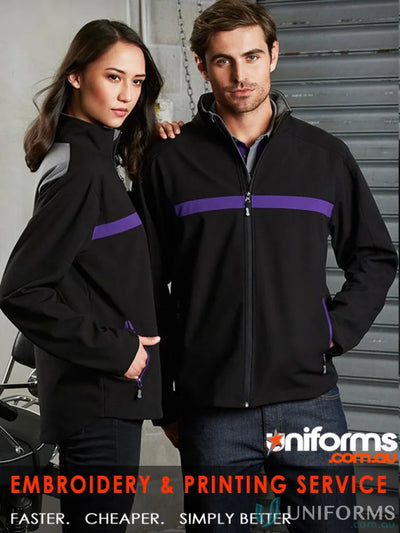 Matching black jackets with purple stripes in Biz Collection Unisex Charger Jacket J510M