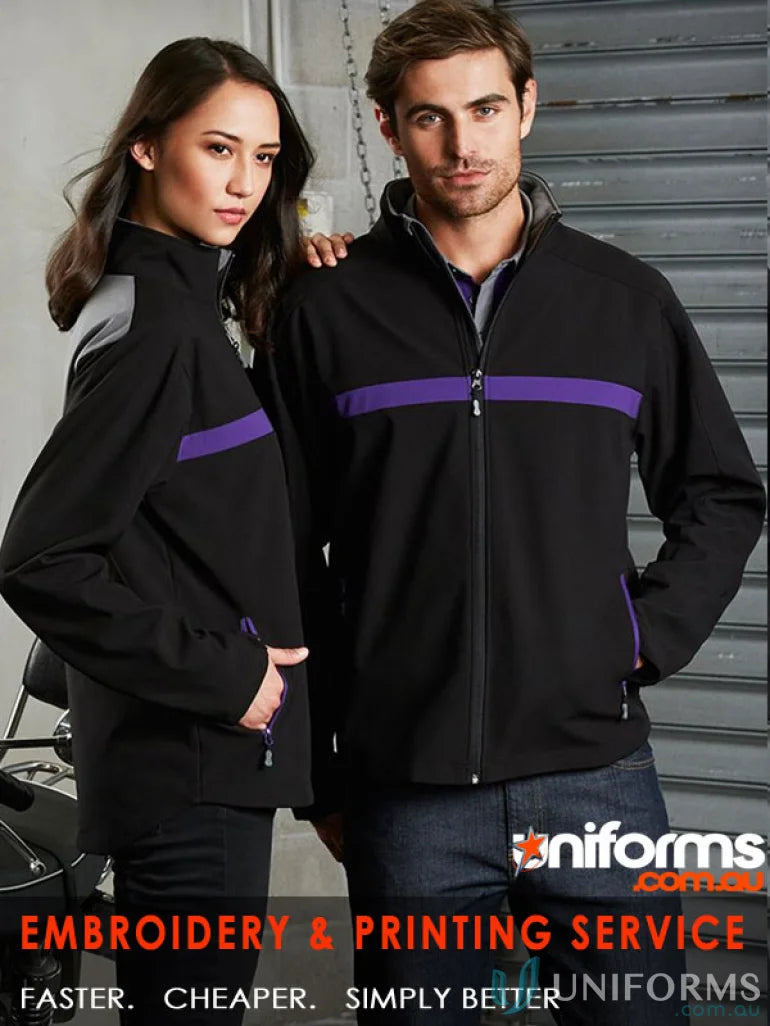 Matching black jackets with purple stripes in Biz Collection Unisex Charger Jacket J510M