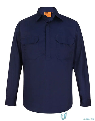 Dark navy blue long-sleeved work shirt with collar and two chest pockets ideal for womens work uniforms and workwear