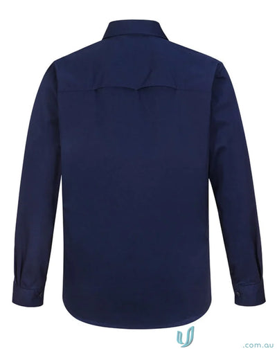 Navy blue long sleeve dress shirt with classic collar and buttoned cuffs perfect for womens work uniforms and workwear