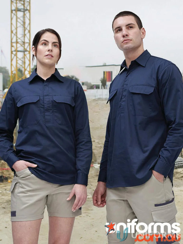 Navy blue long-sleeved work shirt with button-down collar and chest pockets ideal for womens work uniforms and workwear