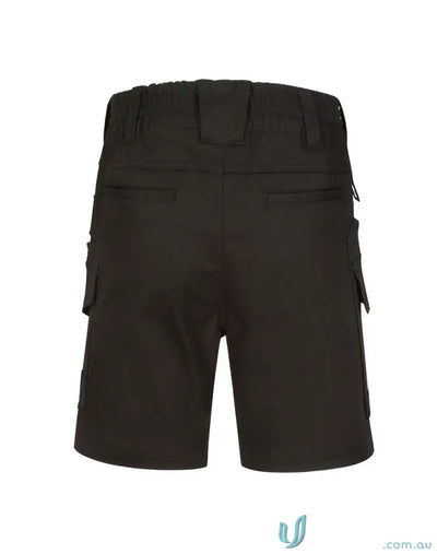 Black cotton stretch cargo shorts with multiple pockets and drawstring waistband perfect for workwear uniforms
