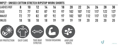 Work shorts sizing chart for Unisex Cotton Stretch Rip Stop Work Pants