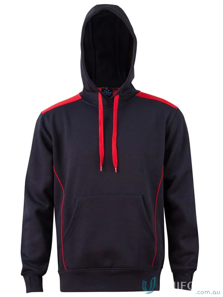 Black hoodie with red accents from Fl19 Croxton Hoodie collection, perfect for all ages