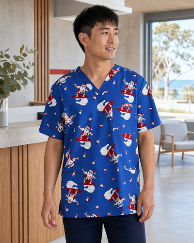 Unisex Electric Blue Christmas Scrub Top