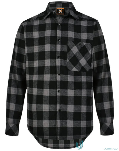 Black and gray plaid LS shirt featuring unisex flannel style with snap buttons