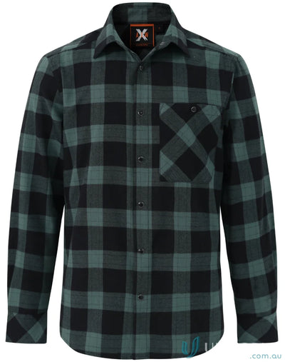Green and black plaid flannel LS shirt with snap buttons, perfect for unisex flannel style