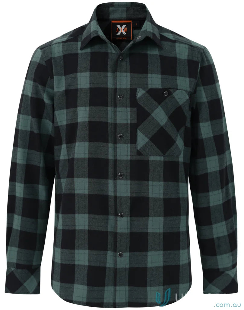 Green and black plaid flannel LS shirt with snap buttons, perfect for unisex flannel style