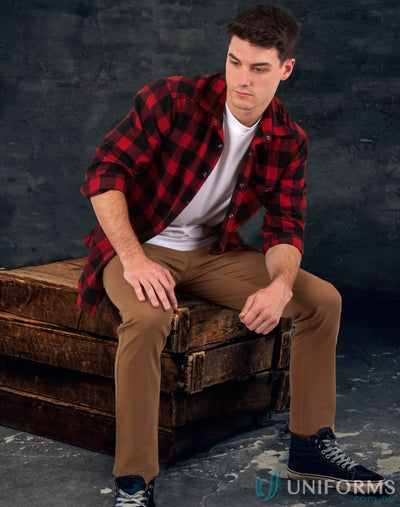 Man in red and black plaid LS shirt wearing a unisex flannel snap button shirt