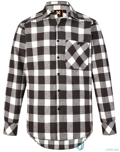 Black and white checkered plaid LS shirt featuring unisex flannel and snap buttons