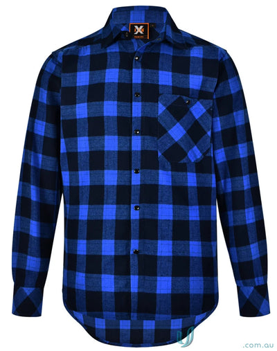 Unisex flannel plaid LS shirt with snap buttons in blue and black for a casual look