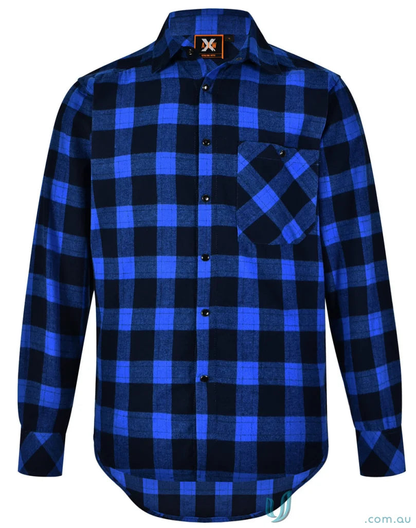Unisex flannel plaid LS shirt with snap buttons in blue and black for a casual look