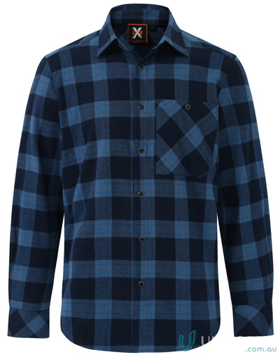 Blue and black plaid LS shirt with snap buttons, perfect unisex flannel style