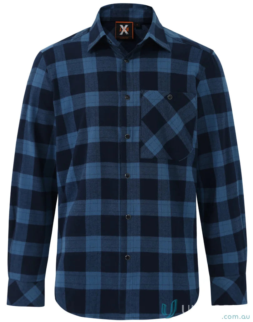 Blue and black plaid LS shirt with snap buttons, perfect unisex flannel style