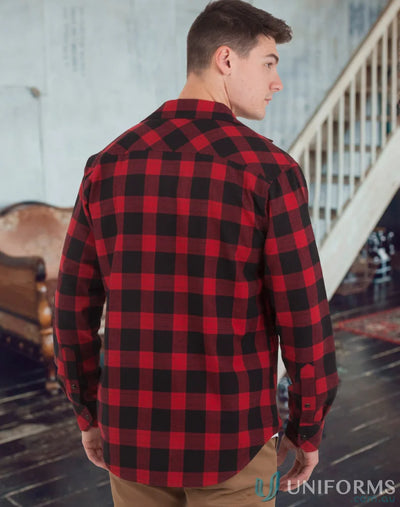 Red and black plaid LS shirt, unisex flannel with snap button details