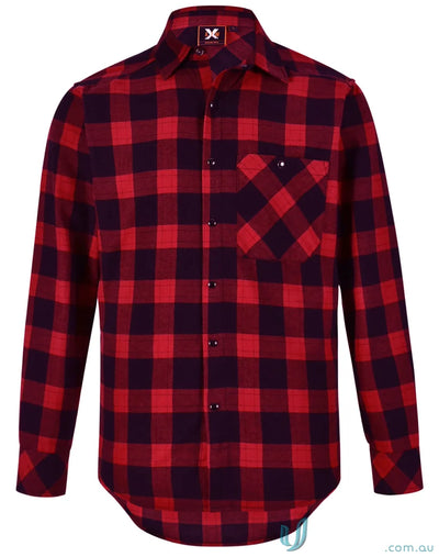 Red and black plaid flannel LS shirt with snap buttons, perfect unisex flannel style