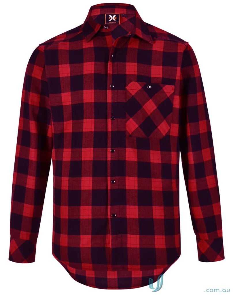 Red and black plaid flannel LS shirt with snap buttons, perfect unisex flannel style