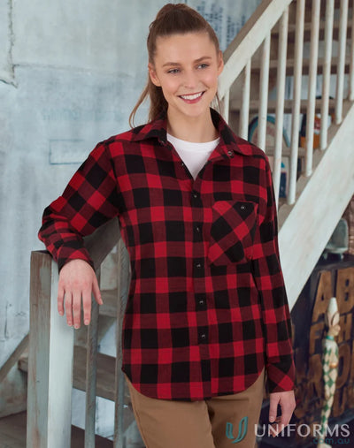 Red and black plaid LS shirt, unisex flannel with snap buttons perfect for casual wear