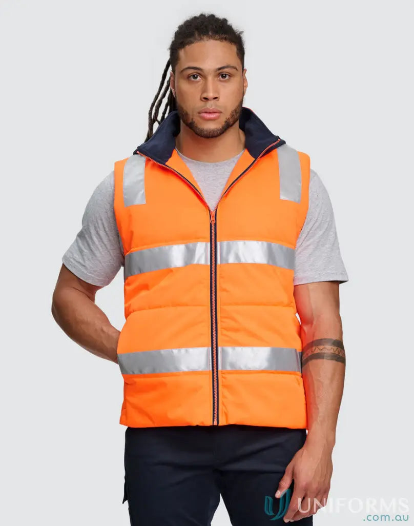 Orange high-visibility protection hooded puffer vest from Winning Spirit Unisex collection