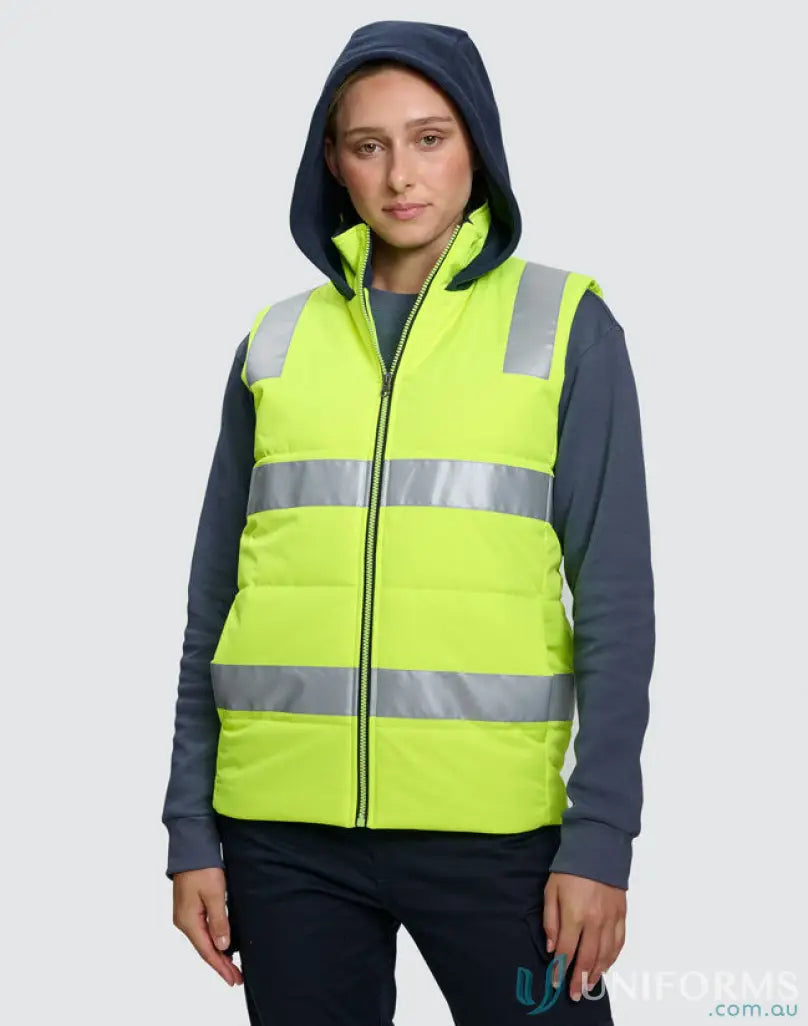 Neon yellow hooded puffer vest with reflective stripes for high-visibility protection