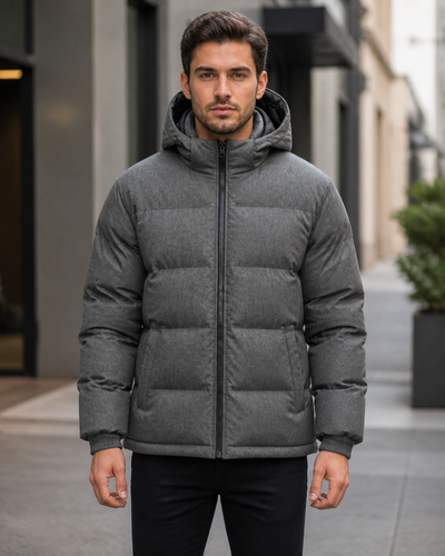 Unisex Invert Puffa Jacket on Australian male model