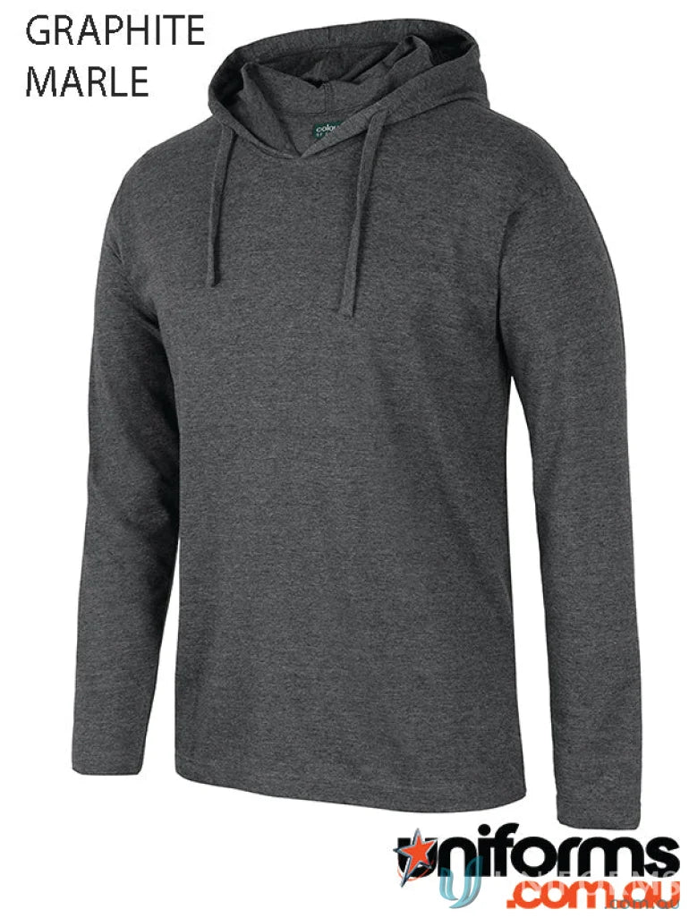 Unisex long sleeve hooded sweatshirt in dark gray graphite marle made from 190gsm ring-spun jersey for all-day comfort
