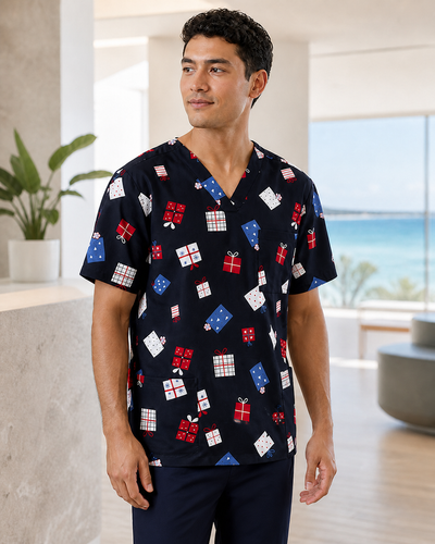 Unisex Navy Christmas Scrub Top