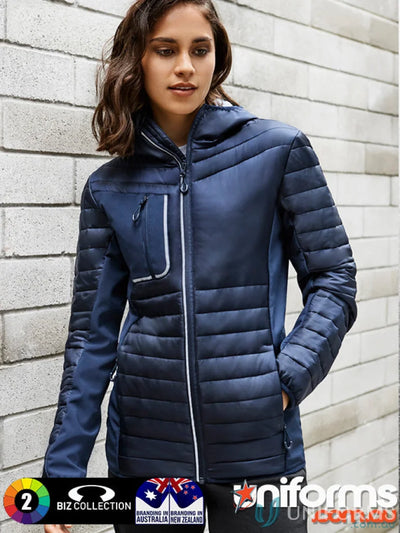 Woman modeling navy blue Unisex Patrol Jacket Biz Collection Unisex patrol jacket j134m