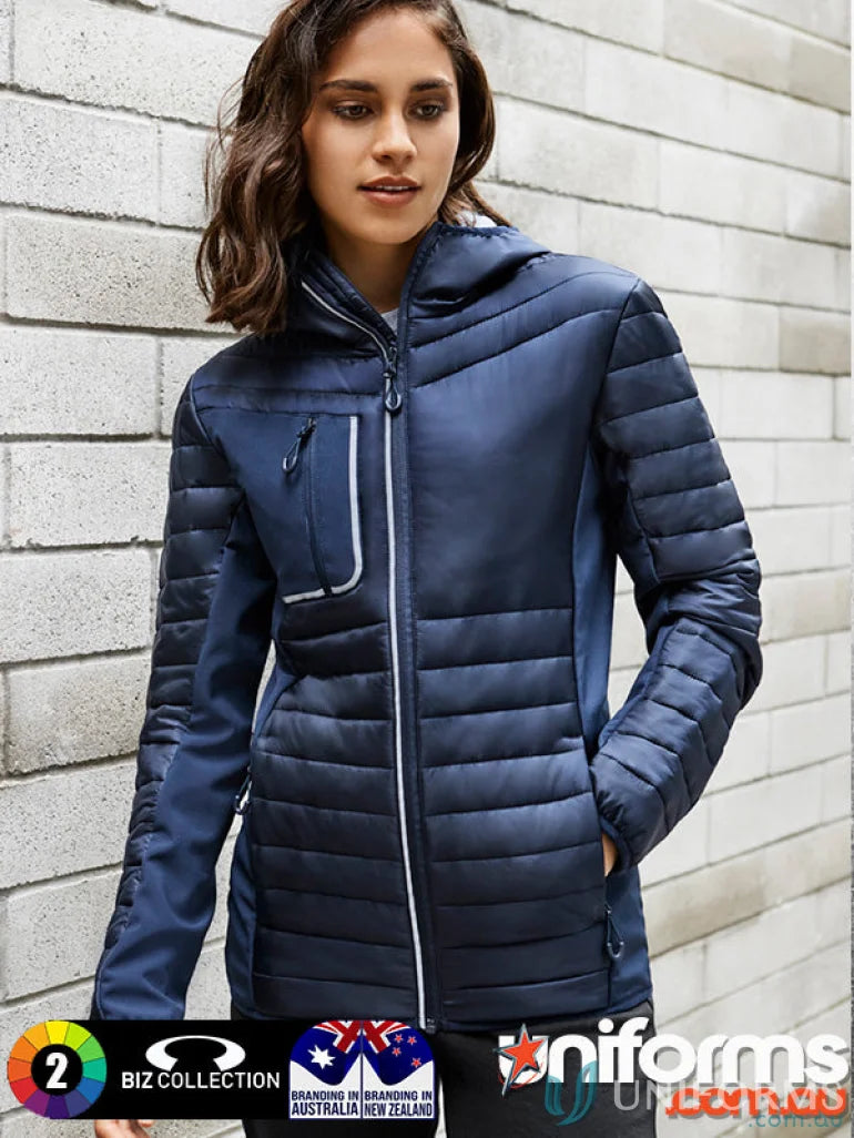 Woman modeling navy blue Unisex Patrol Jacket Biz Collection Unisex patrol jacket j134m