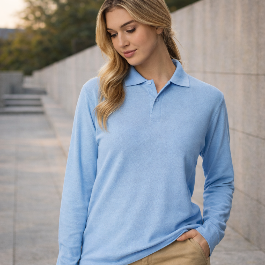 Unisex traditional poly long sleeve polo in light blue pique