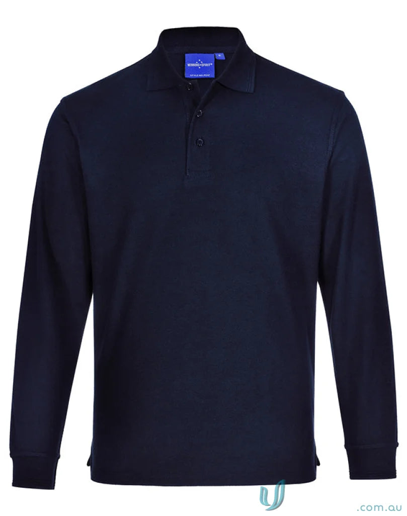 Navy blue unisex traditional poly long sleeve polo shirt from Unisex Pique LS Polo collection