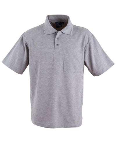 Gray heathered PS41 Pocket Polo with taped neck seam, unisex short-sleeve