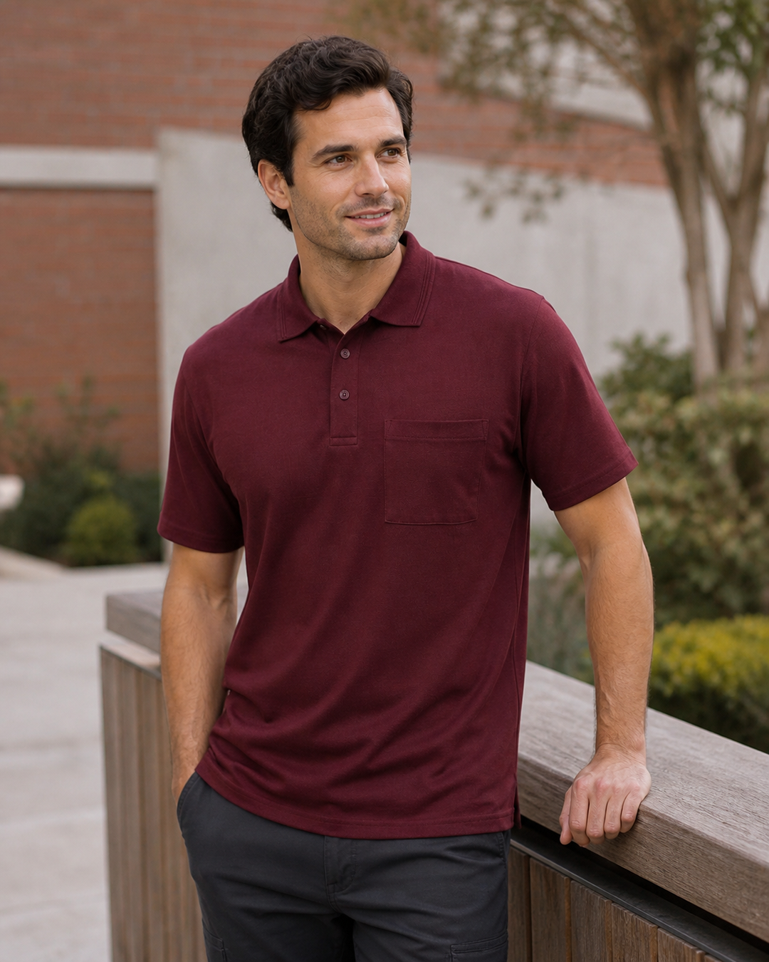 Unisex Pocket Polo worn by Australian male model