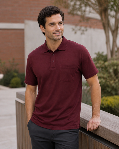 Unisex Pocket Polo worn by Australian male model