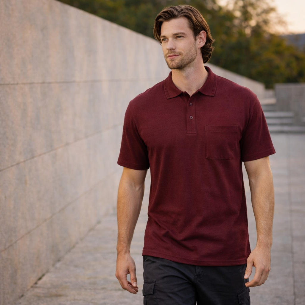 Ps41 pocket polo: maroon unisex short-sleeve with collar and chest pocket