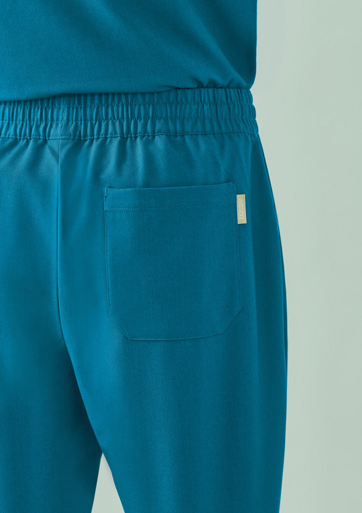 Back view of unisex Pulse straight leg scrub pant in teal with elastic waist