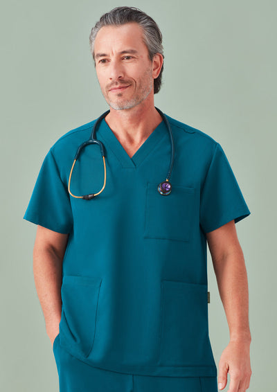Teal unisex Pulse V-neck scrub top, relaxed fit with v-neck and pockets