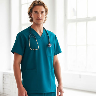 Teal unisex Pulse V-neck scrub top with relaxed fit, short sleeves, pockets