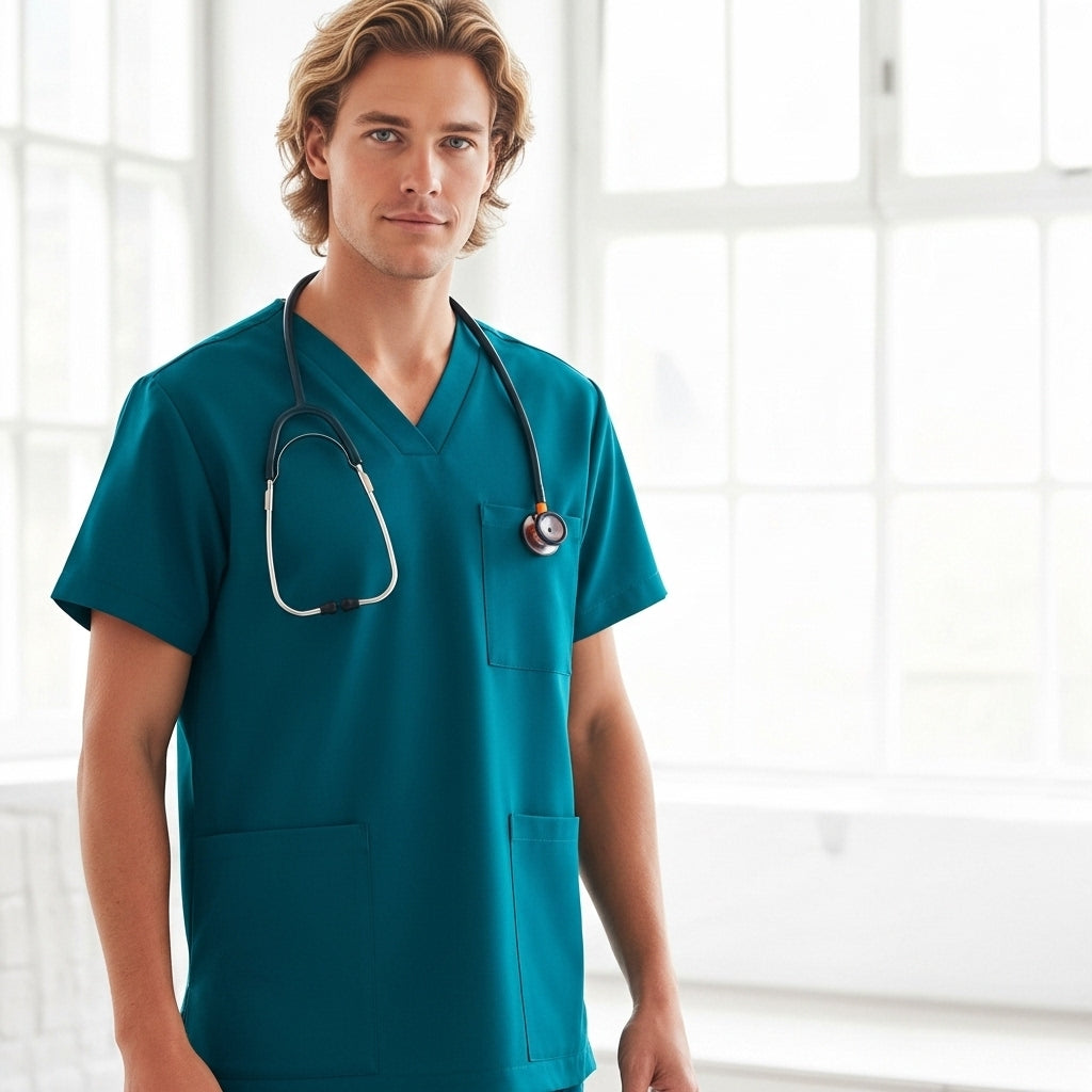 Teal unisex Pulse V-neck scrub top with relaxed fit, short sleeves, pockets