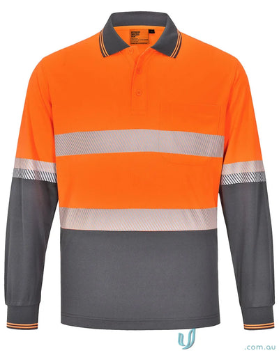Orange and gray long-sleeved safety polo shirt from the Unisex Segmented LS Polo collection showcasing spirit sw86
