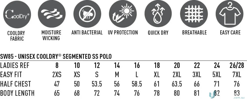 Clothing size chart for SW85 Unisex CoolerDry Segmented Polo with matching colour buttons